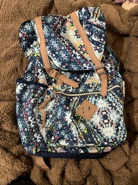 Navy Aztec Print Canvas Backpack with Tan Accents